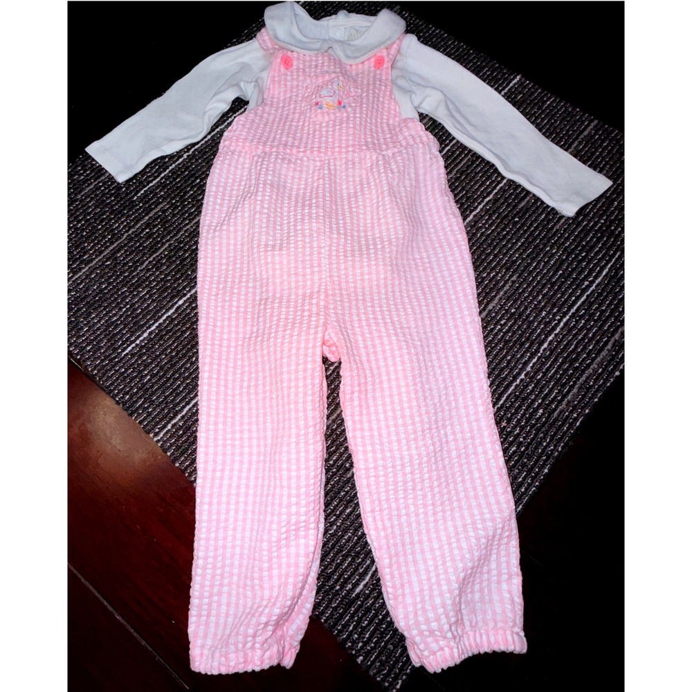 JoJo Maman Bebe Pink Seersucker Bunny Overalls & Cream Top Set Baby 18-24m NWOT